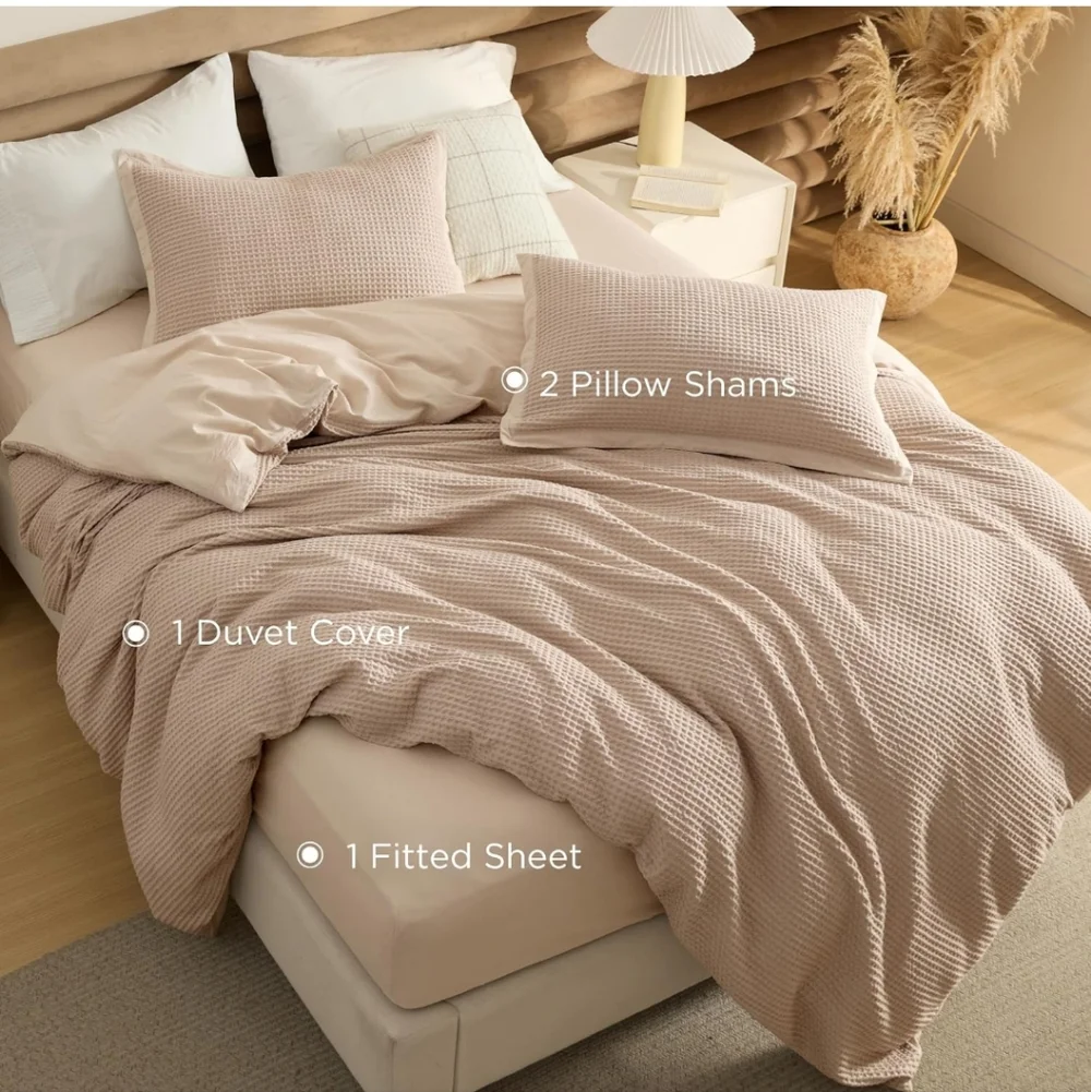 Bedsure 100% Cotton Duvet Cover Shams Queen 3 Pieces Khaki Waffle New